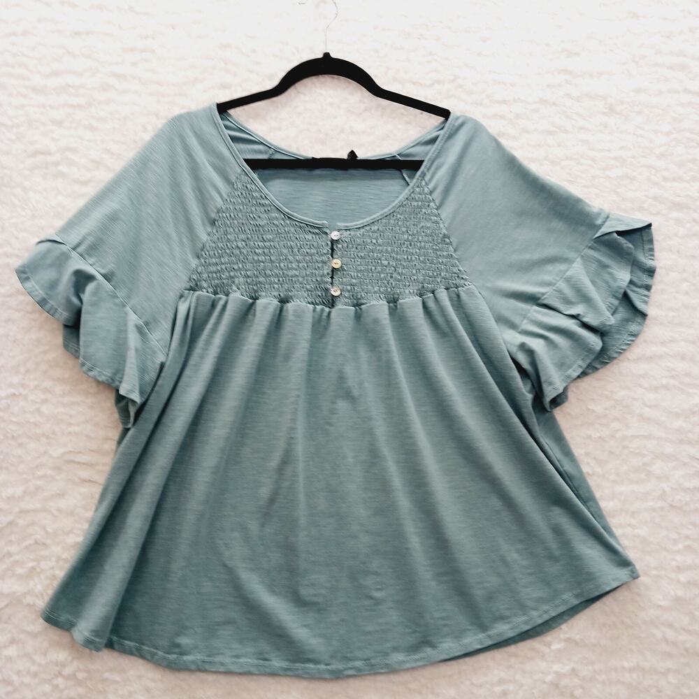 Blouse Sage Green Smocked Ruffle Fairy Cottagecore Boho Soft Girl Whimsy Size 2X